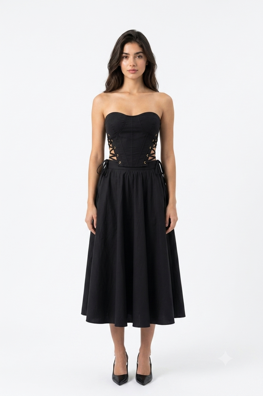 Midnight Lace Up Midi Dress