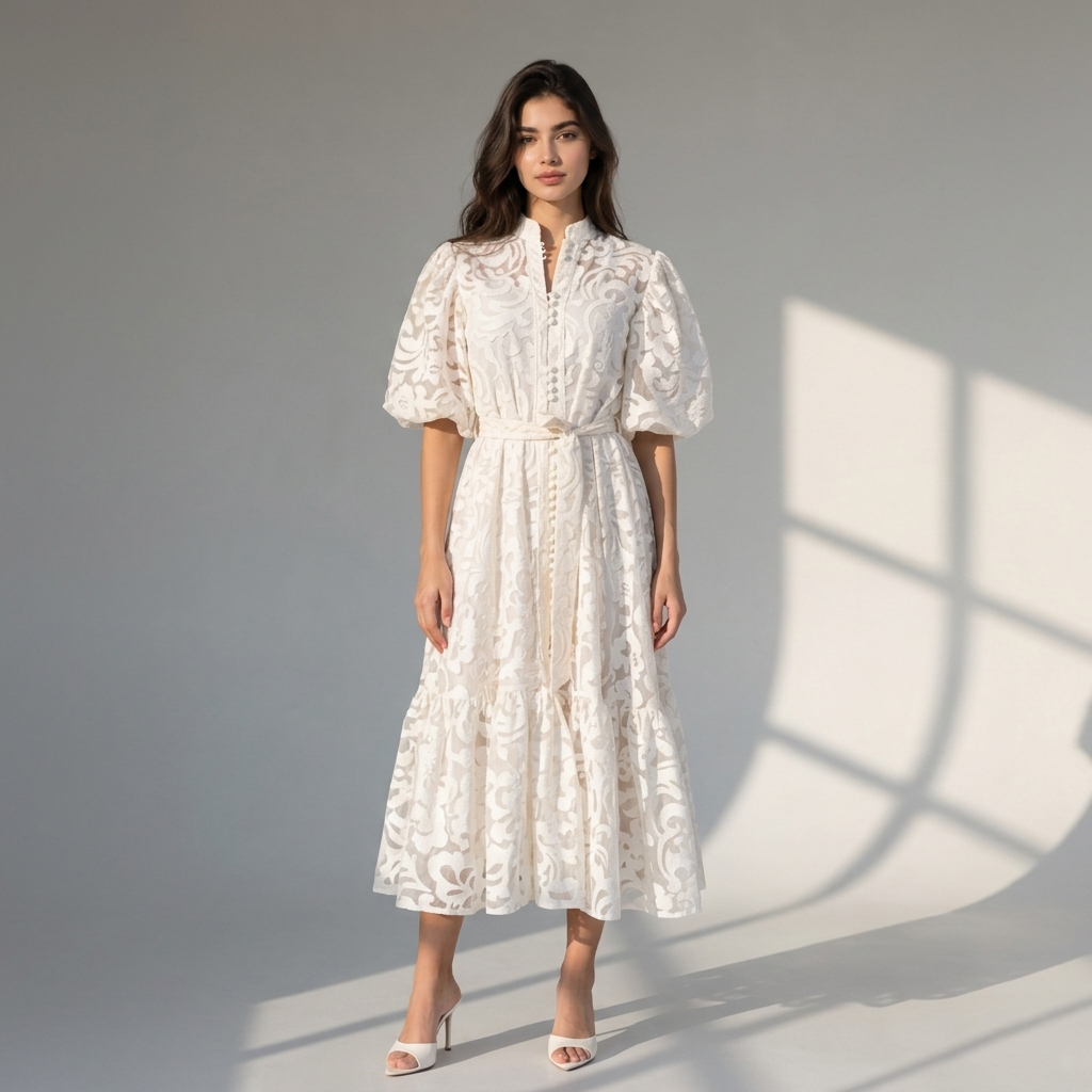 Bridal Floral Lace Puff Sleeve Midi Dress