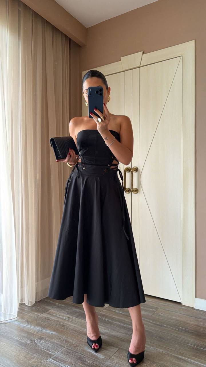 Midnight Lace Up Midi Dress
