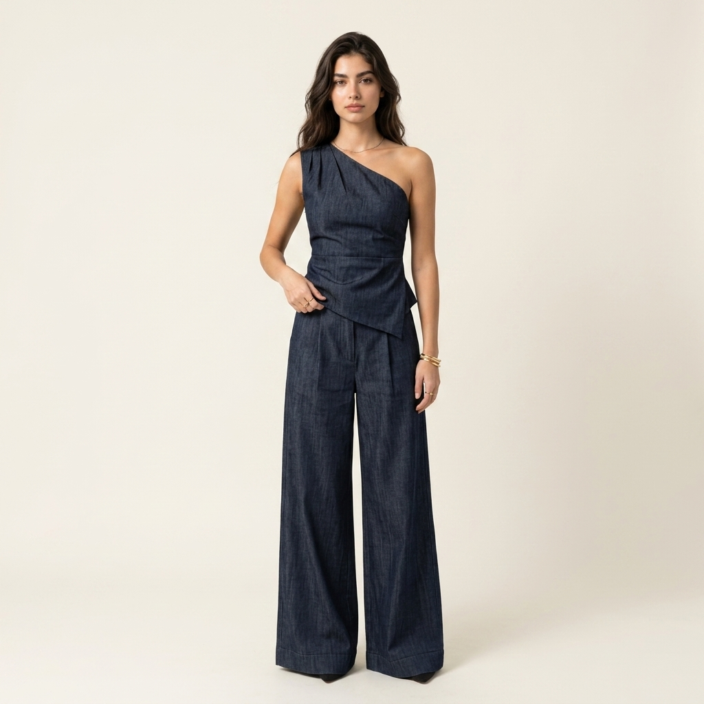 Architectural One-Shoulder Denim Set