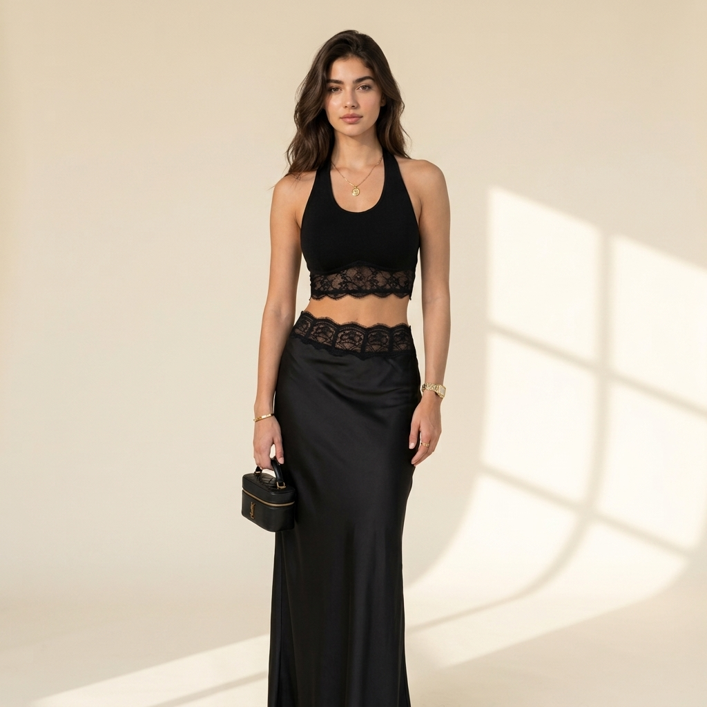 Luxe Satin Halter & Lace-Trim Maxi Skirt Set