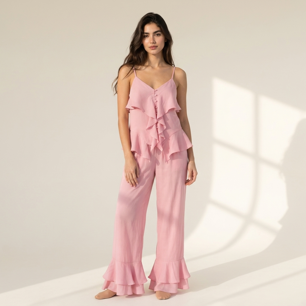 Rose Ruffle Camisole & Wide-Leg Loungewear Set