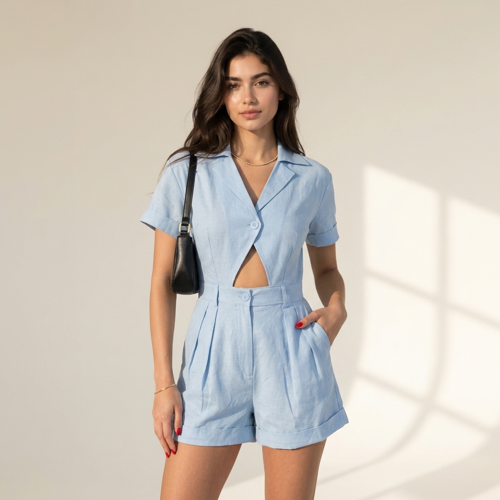 Sky Linen Cutout Collared Romper