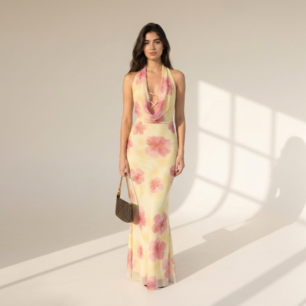 Rosé Bloom Halter Maxi Dress