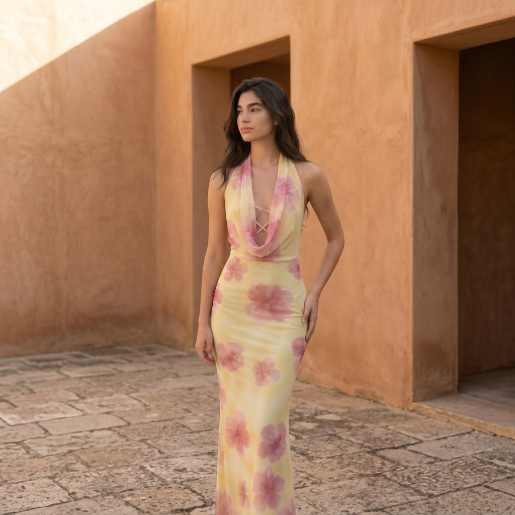 Rosé Bloom Halter Maxi Dress