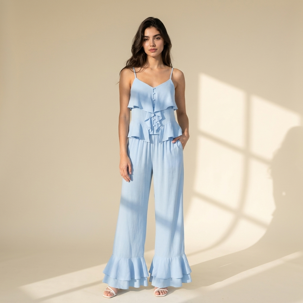 Rose Ruffle Camisole & Wide-Leg Loungewear Set