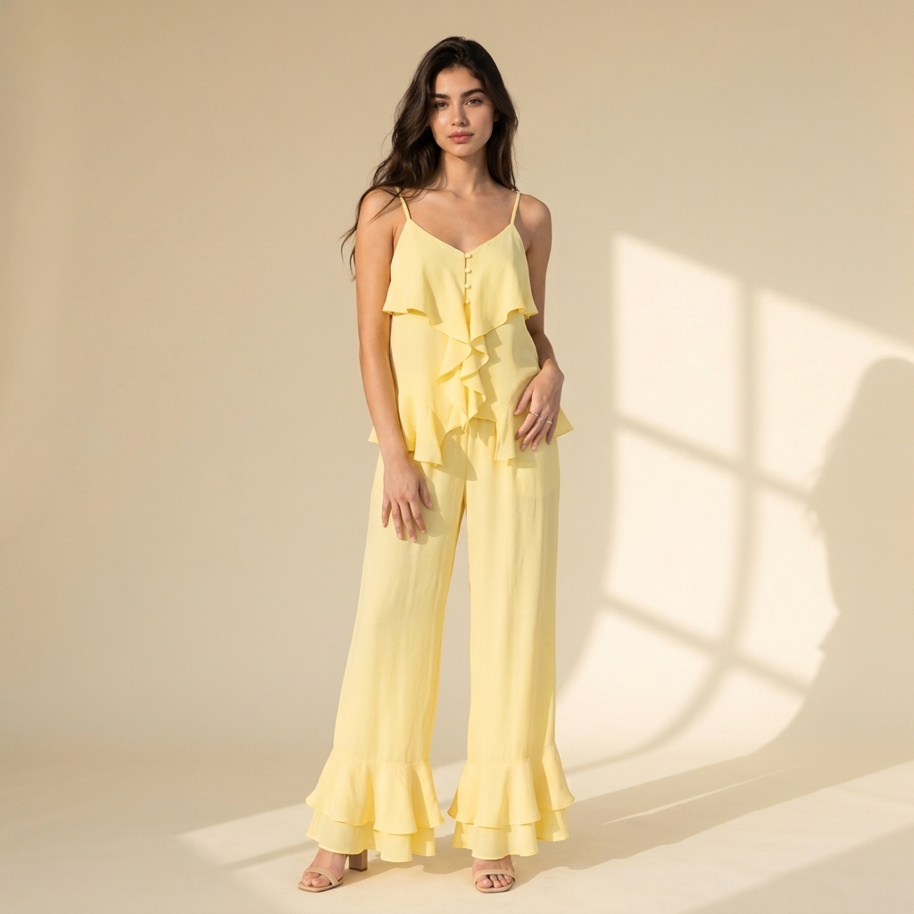 Rose Ruffle Camisole & Wide-Leg Loungewear Set