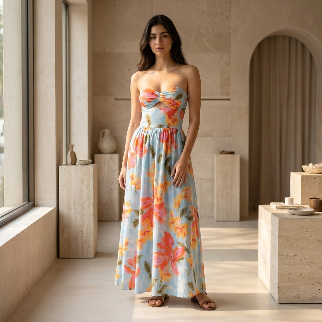 Côte d'Azur Floral Strapless Maxi Dress