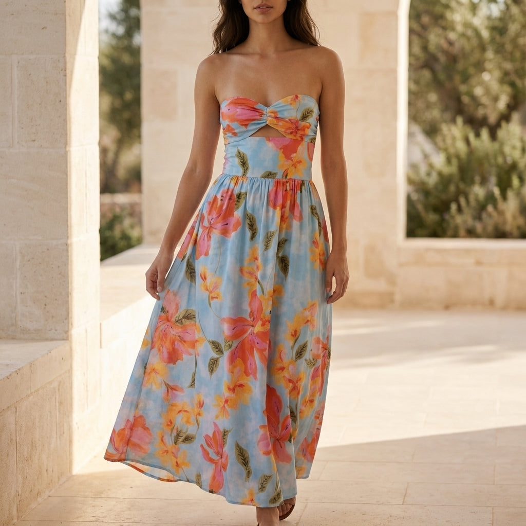 Côte d'Azur Floral Strapless Maxi Dress