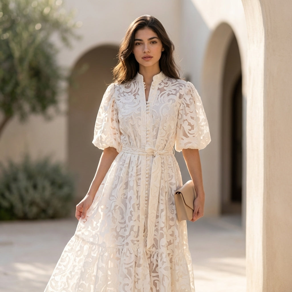 Bridal Floral Lace Puff Sleeve Midi Dress