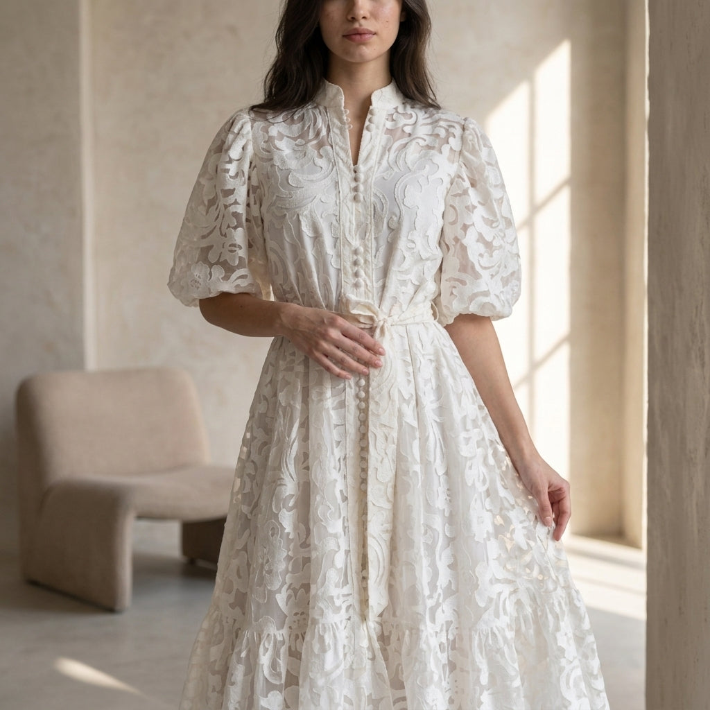 Bridal Floral Lace Puff Sleeve Midi Dress