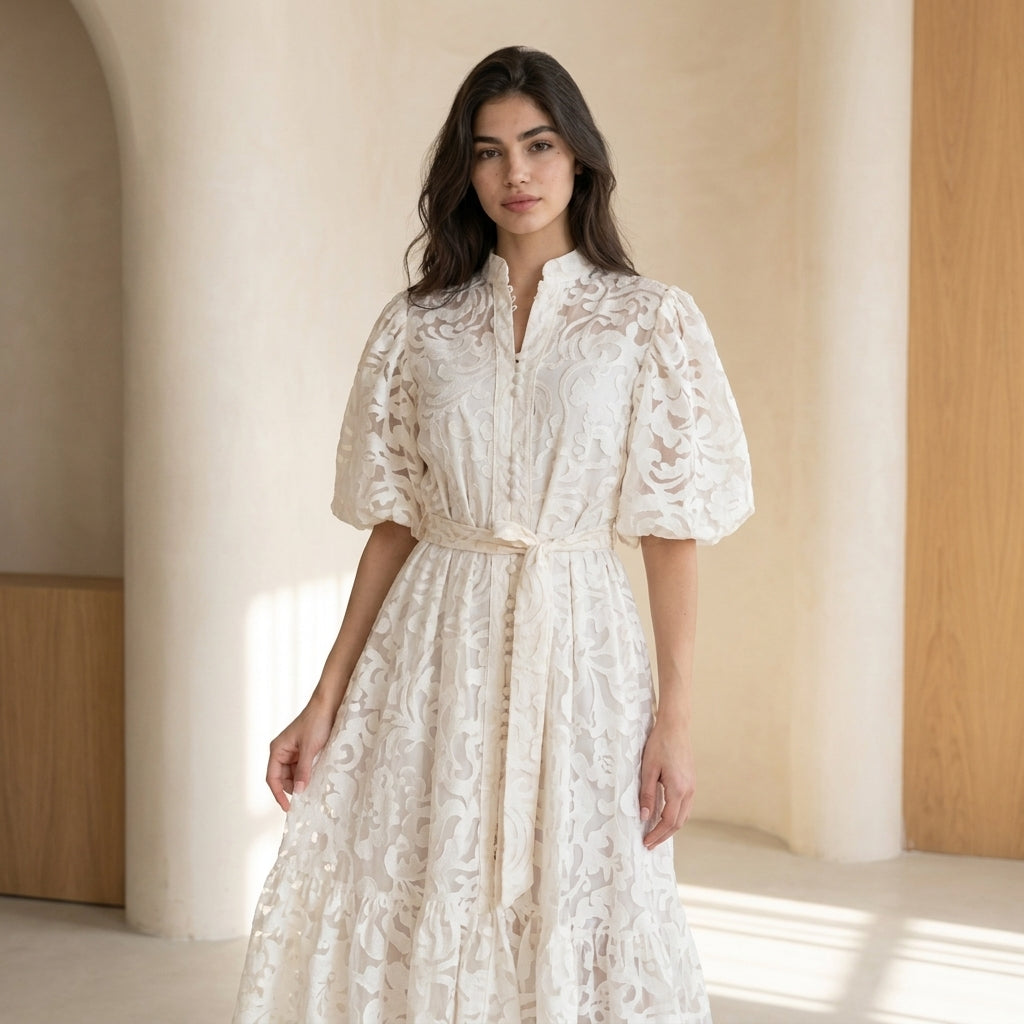 Bridal Floral Lace Puff Sleeve Midi Dress