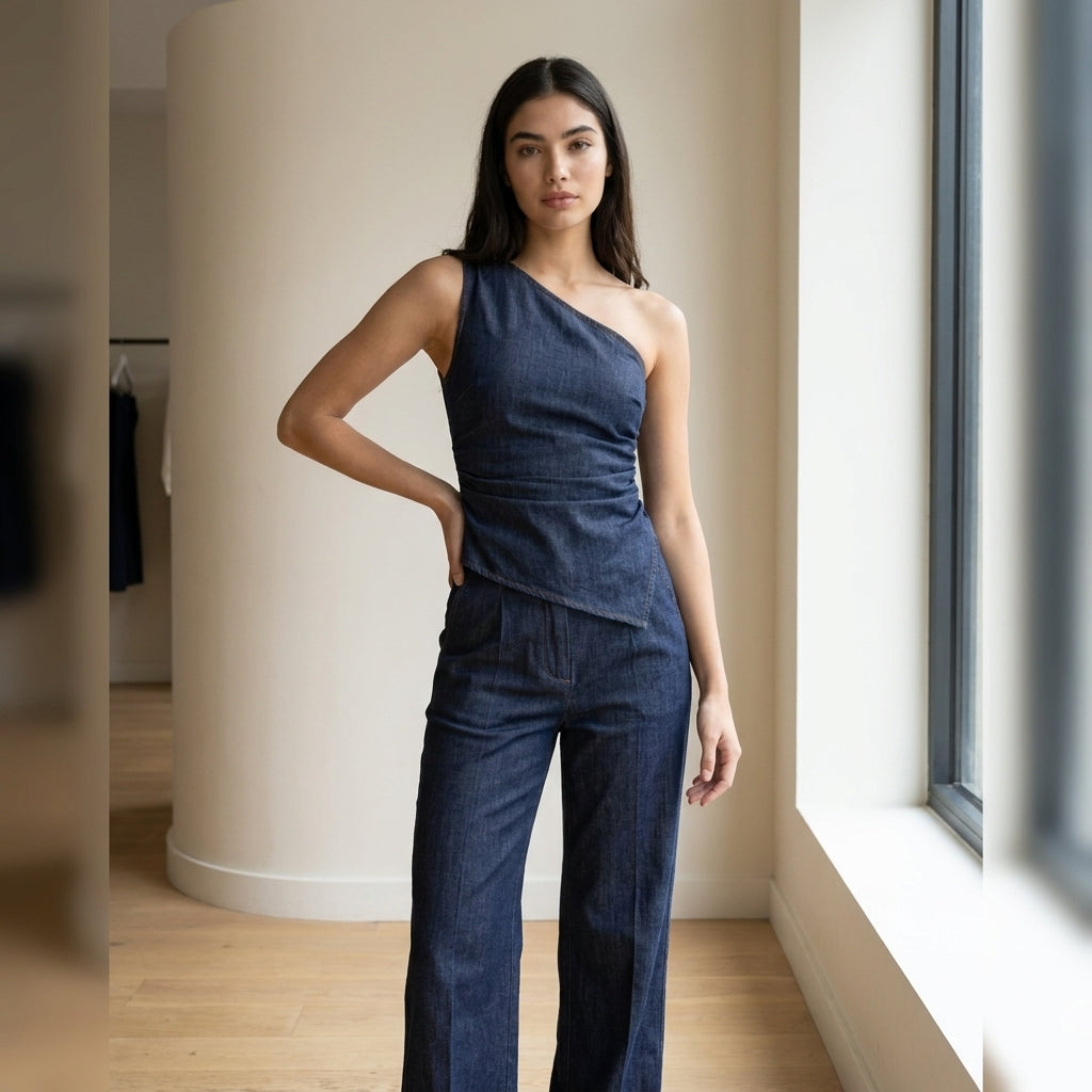 Architectural One-Shoulder Denim Set
