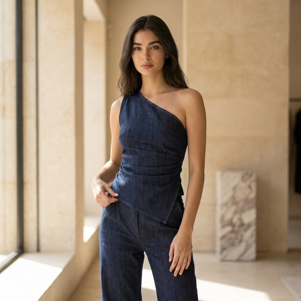 Architectural One-Shoulder Denim Set